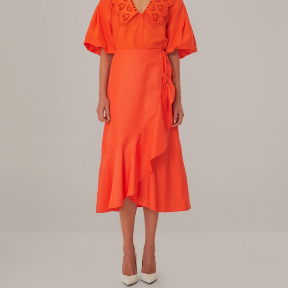 NWT FARM Rio Vivid Orange Wrap Midi Skirt SIZE S